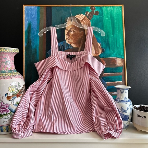 Laundry by Shelli Segal Striped Red Nautical Off Shoulder Bow Blouse Size 10 - Picture 1 of 15